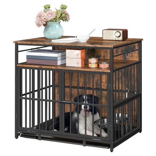 Dog Crate Furniture with Storage, 31.5" Heavy Duty Dog Kennel with Bowls & Removable Tray, Wooden Dog Cage End Table for Small/Medium Dogs