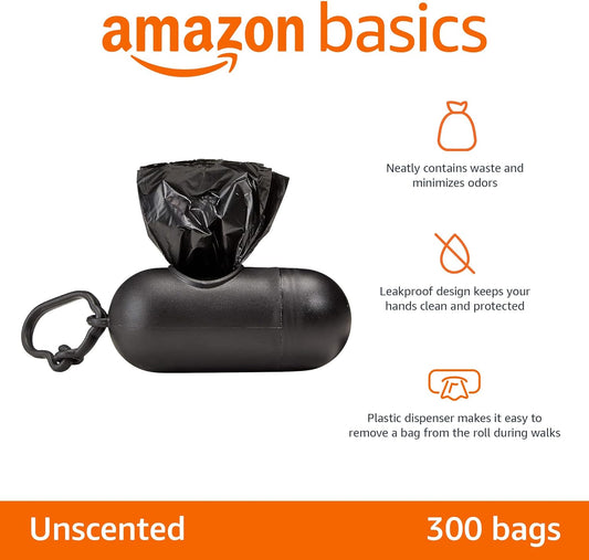 Loya Crafts Standard Dog Poop Bags With Dispenser and Leash Clip, Unscented, 300 Count, 20 Pack of 15, Black, 13 Inch x 9 Inch