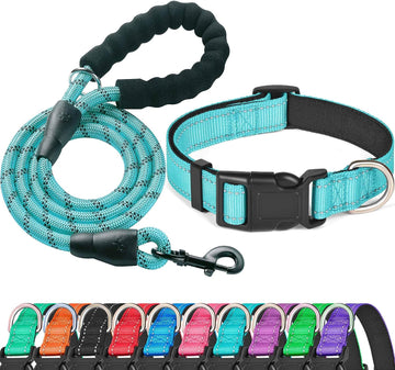 Loya Crafts Reflective Dog Collar Padded with Soft Neoprene Breathable Adjustable Nylon Dog Collars for Small Medium Large Dogs (Medium (Pack of 1), Blue Collar+Leash)