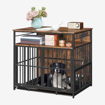 Dog Crate Furniture with Storage, 31.5" Heavy Duty Dog Kennel with Bowls & Removable Tray, Wooden Dog Cage End Table for Small/Medium Dogs